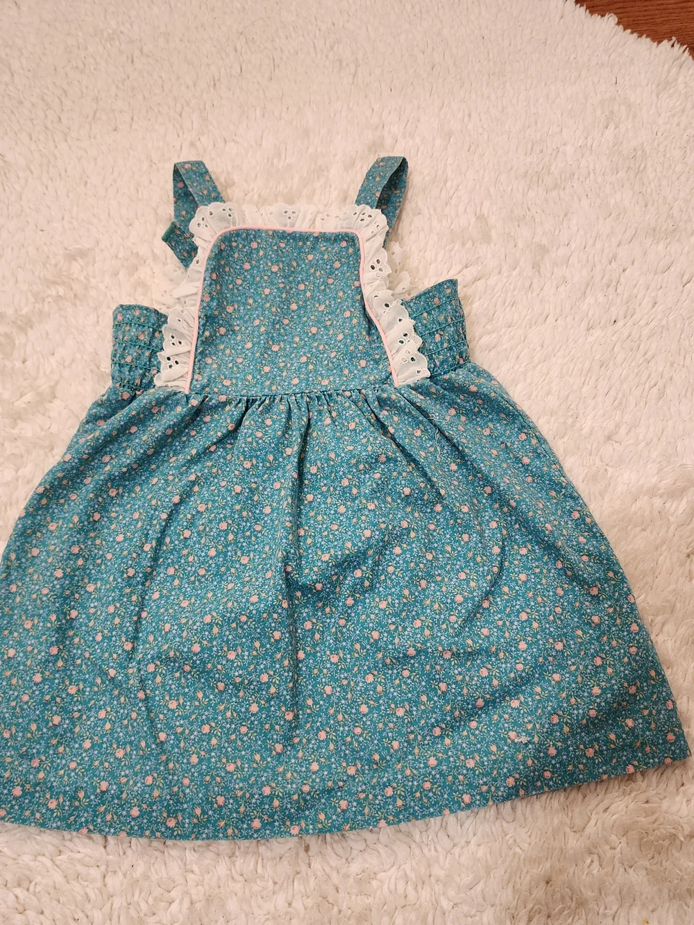 Ruth Scharf Vintage Floral Pinafore Dress Girls 4T Teal Pink Cottagecore Shabby